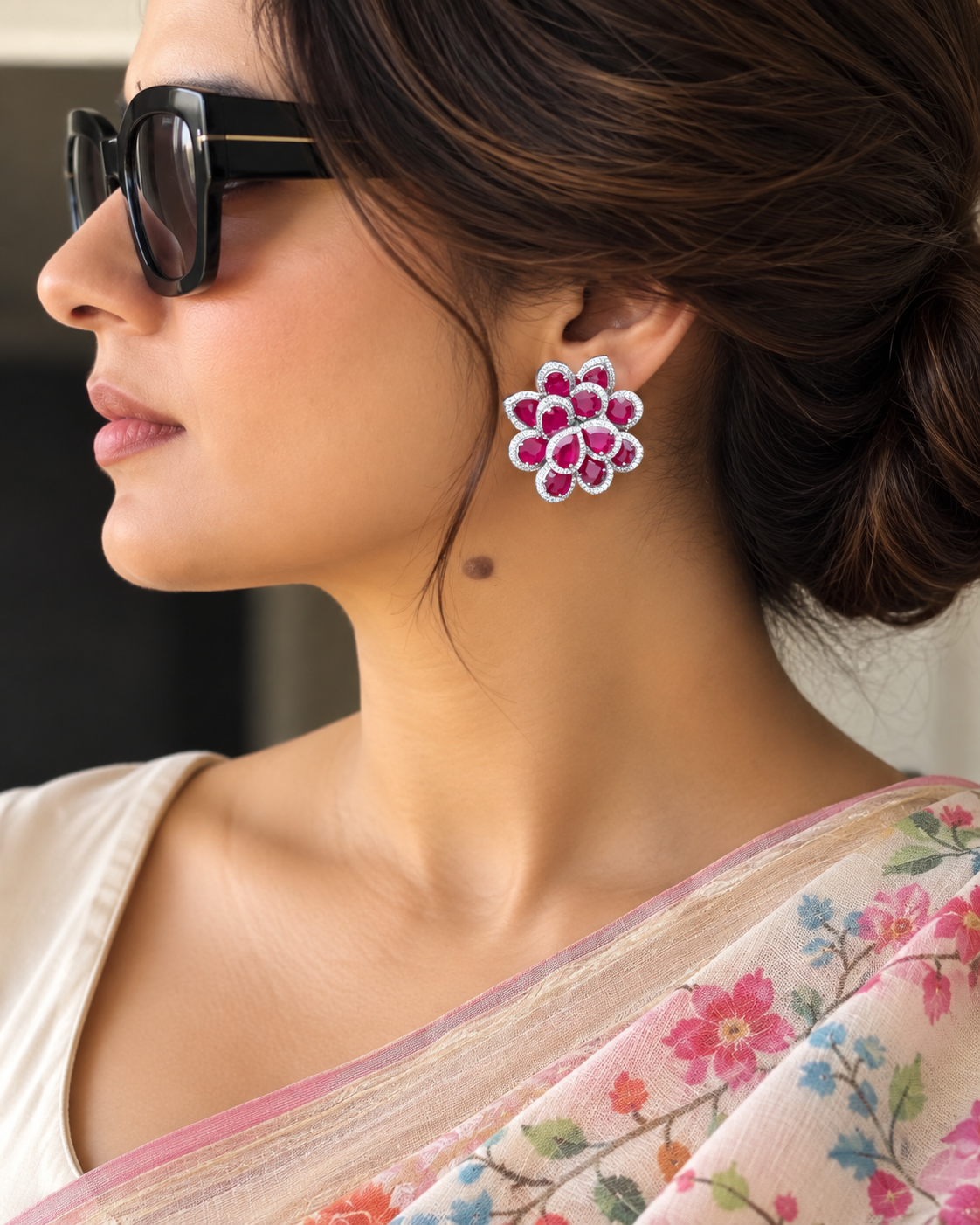 Sanya Floral Ruby and Zircon Imitation Stud Earrings with back Clip
