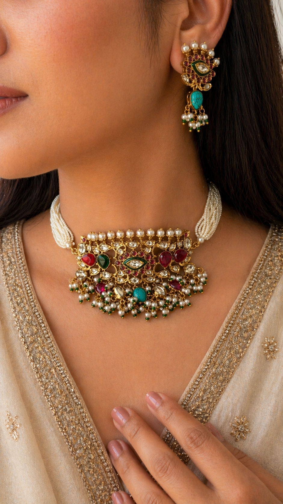 Aaramya Navratna Choker Necklace Set