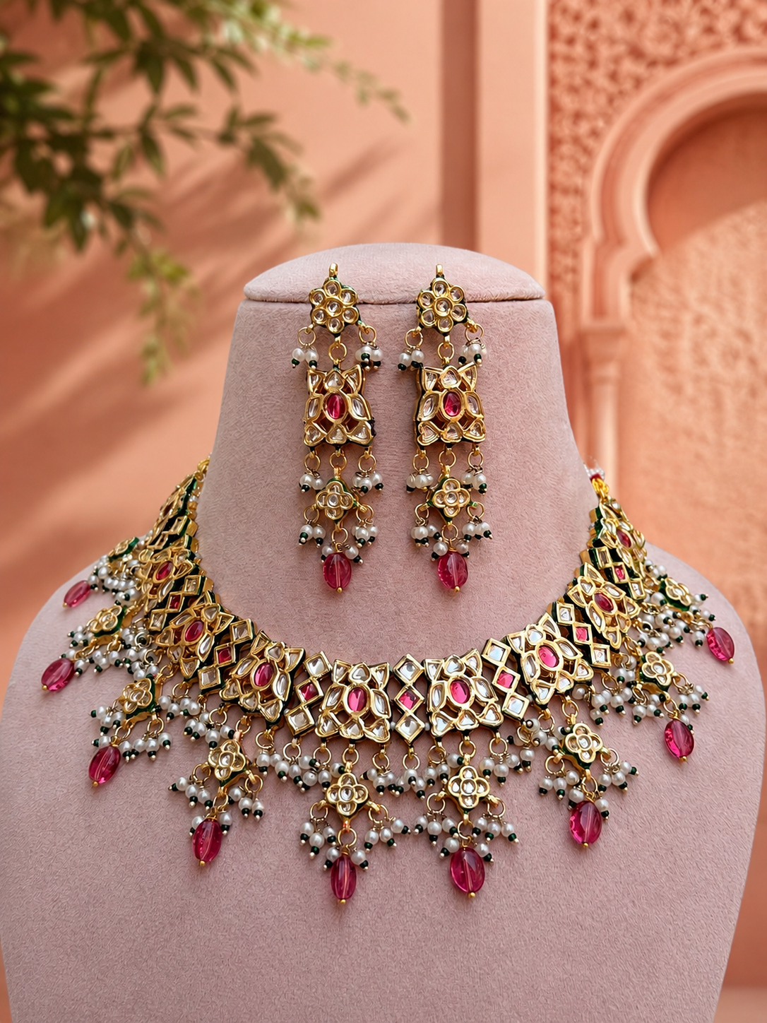 Kadambari Pink Ruby Kundan  Necklace Set for Women for Festive and Bridal Wear