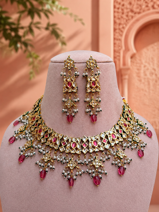 Kadambari Pink Ruby Kundan  Necklace Set for Women for Festive and Bridal Wear
