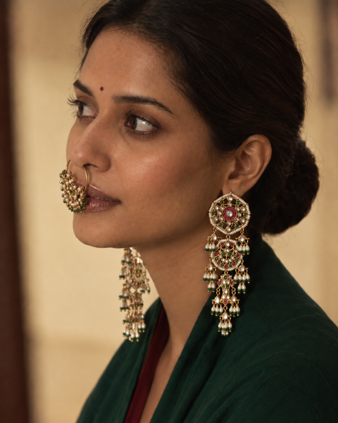 Laal Hari Magar Jodi Kundan Jadau Real Gold Look Earrings
