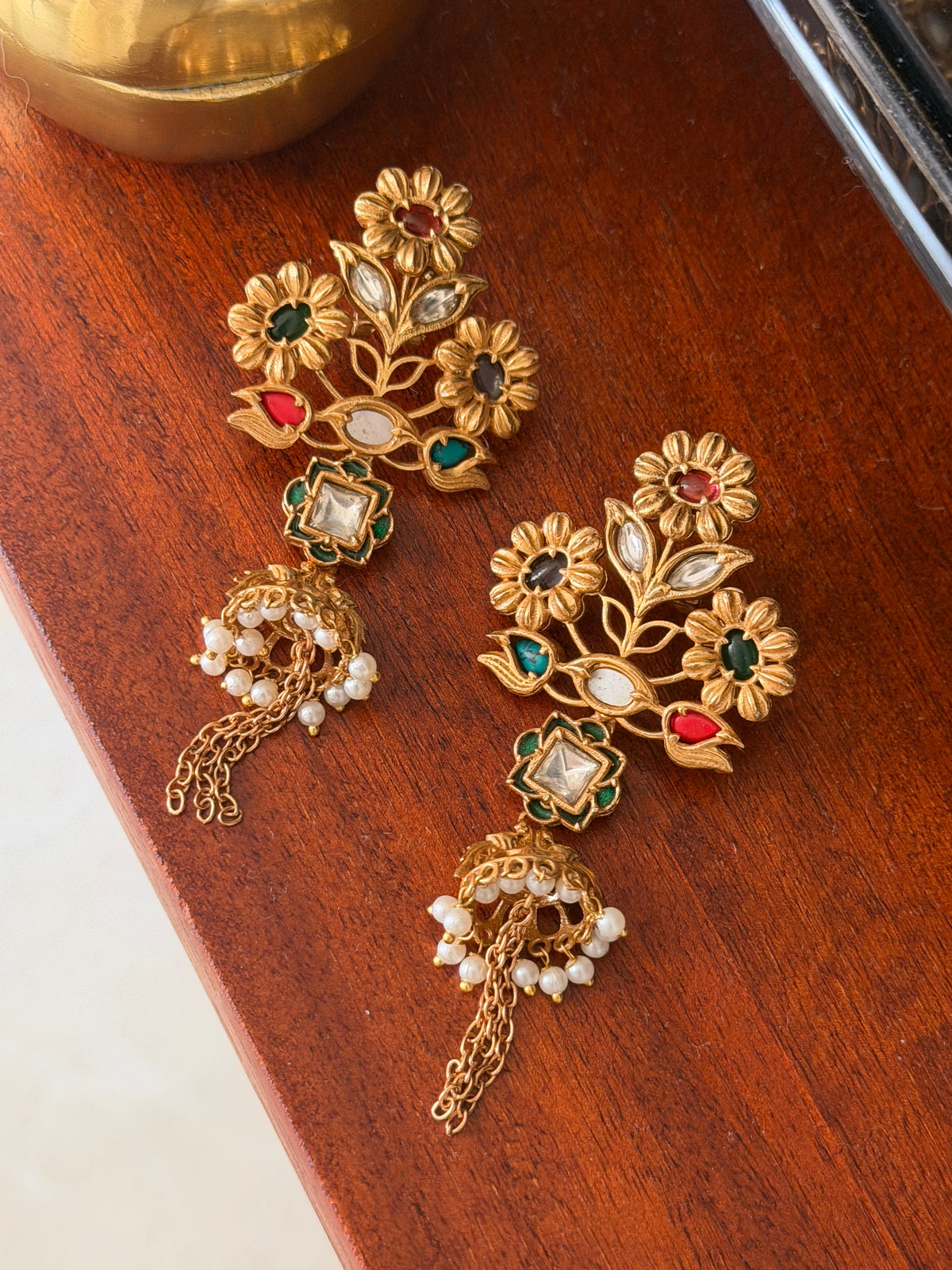 Mitali Gold Plated Floral Multi Kundan Earrings