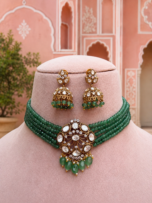Shyamali Green Emerald Polki Choker Necklace Set for Women for Festive and Bridal Wear
