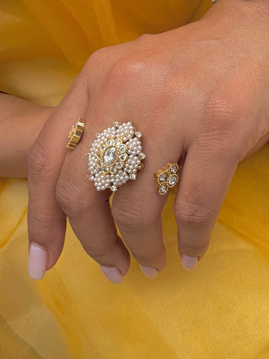 Pearl Double Adjustable Kundan Ring