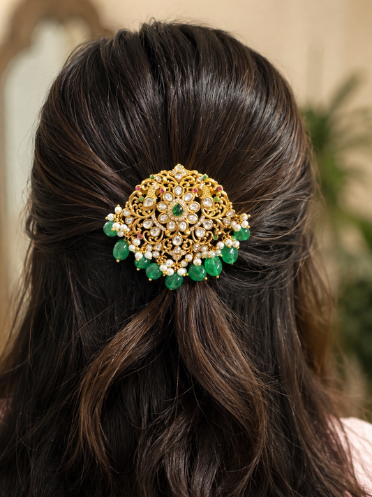 Asvi Emerald Polki Hair Clip for Festive wear