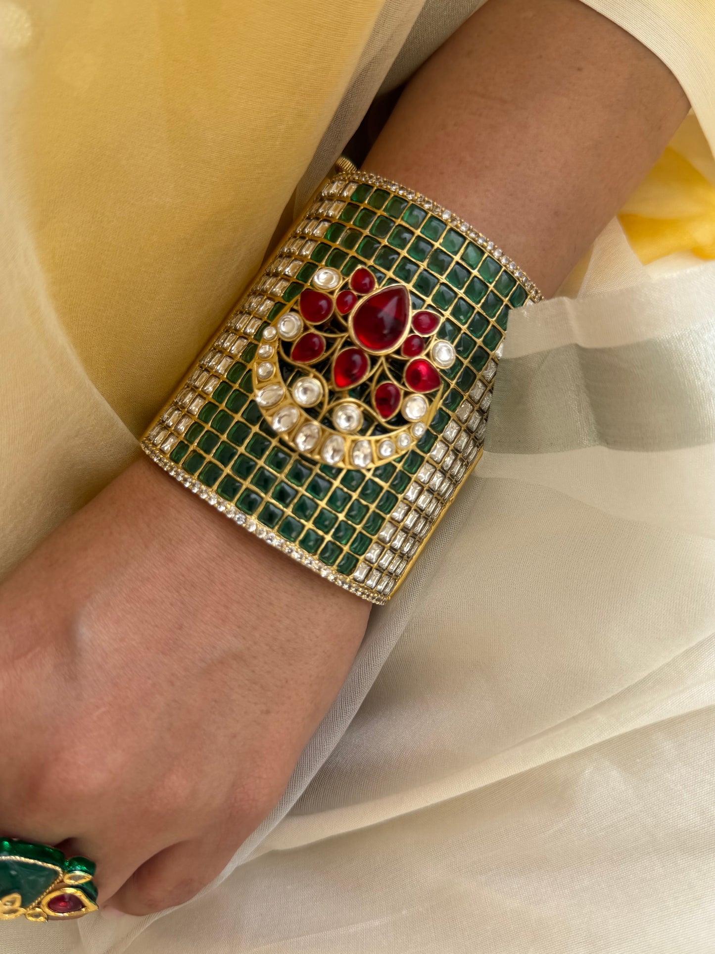 Qira Polki Kundan Reversible Statement Bangle Cuff - Fits size 2.2-2.6