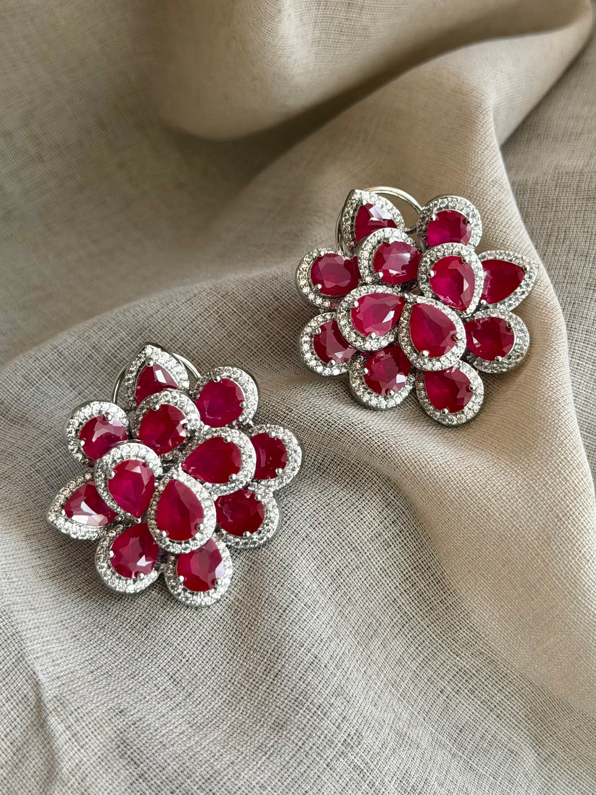 Sanya Floral Ruby and Zircon Imitation Stud Earrings with back Clip