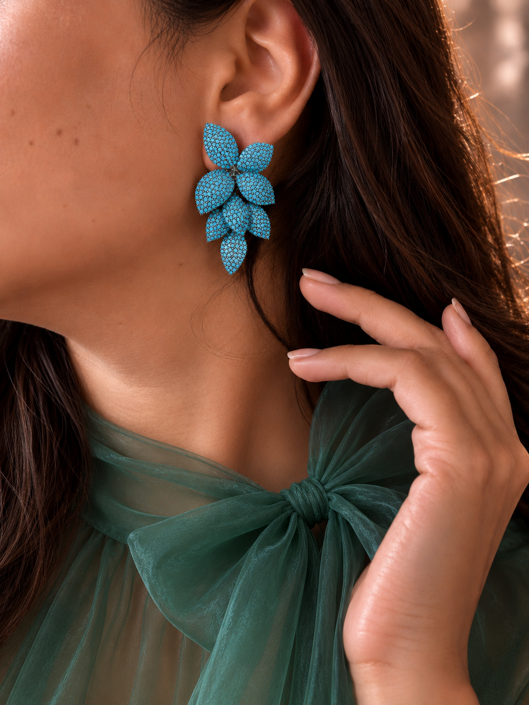 Farah Turquoise Blue Leaf Diamond Earrings for Party and Cocktail