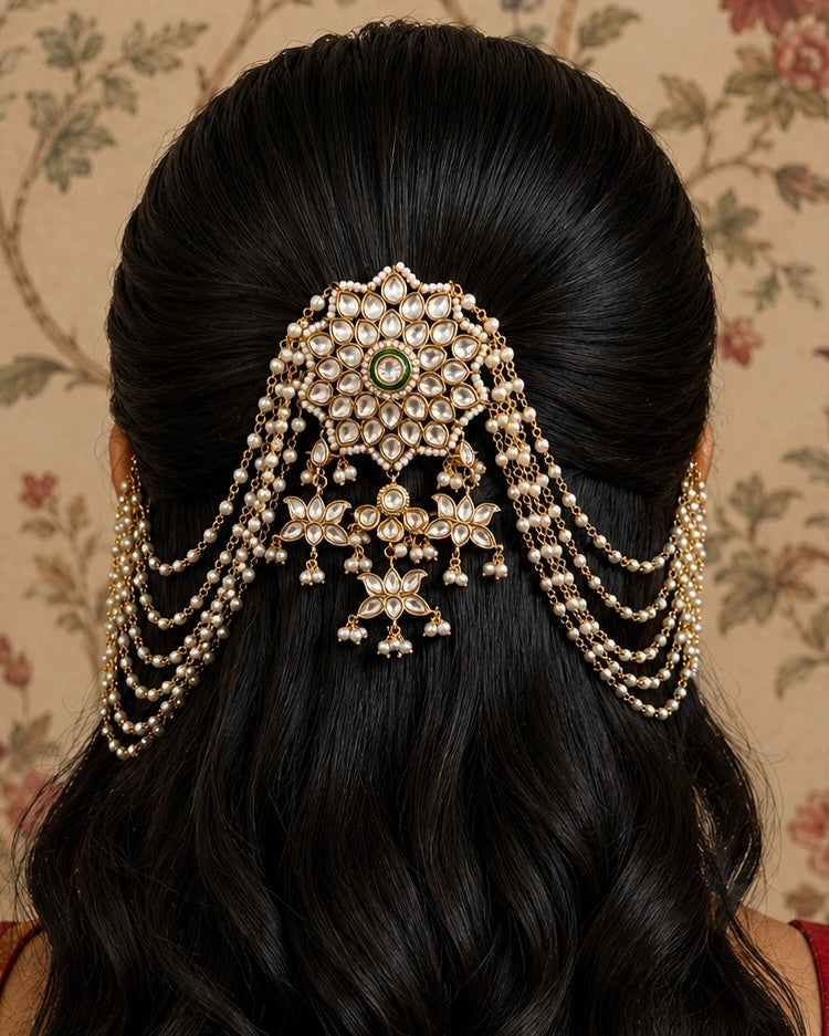 Devara Hair Clip with Kundan & Pearls for Wedding & Festive Hairstyle