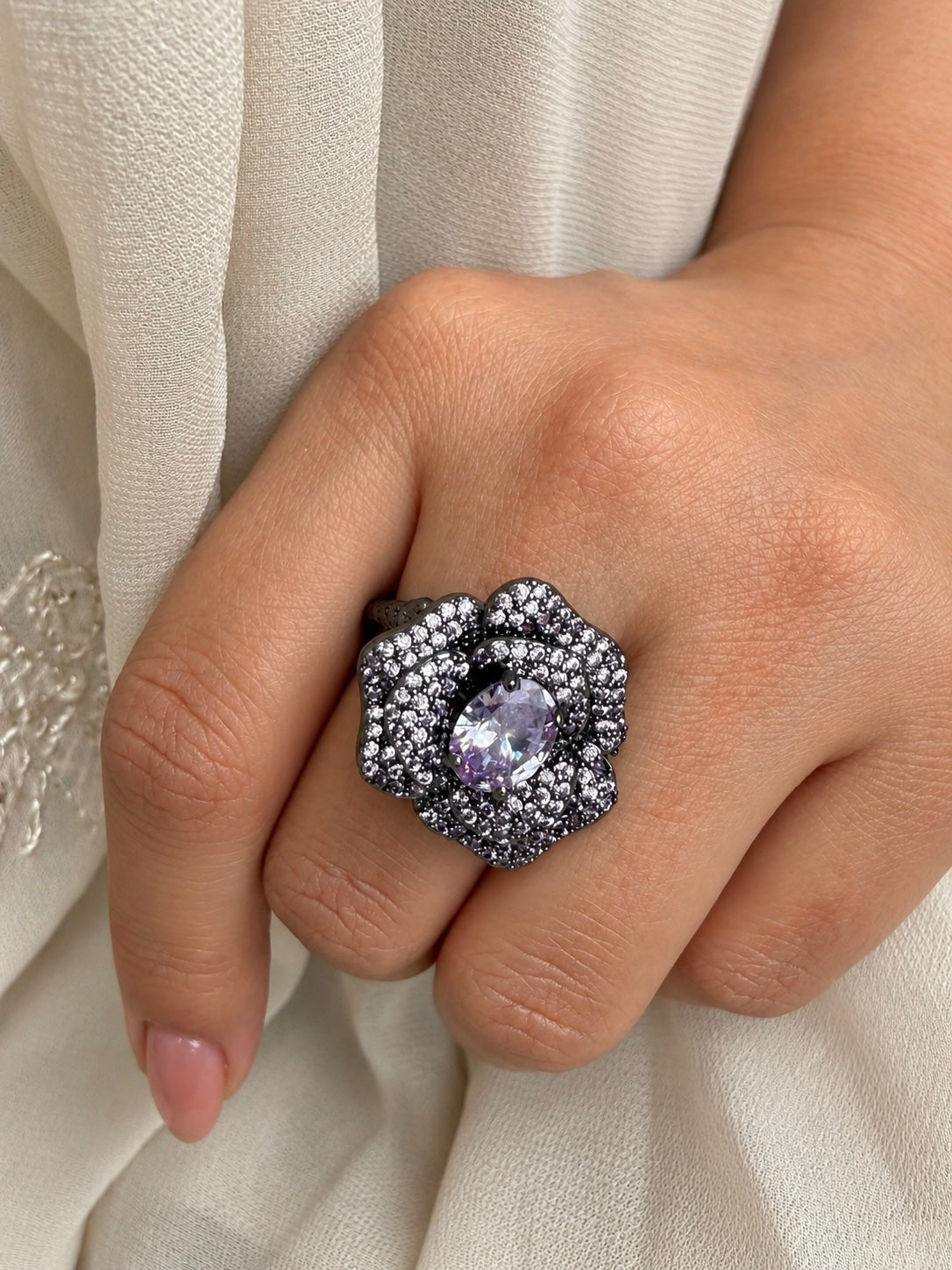 Rosette Lavender Floral Adjustable Zircon Ring in Black Polish