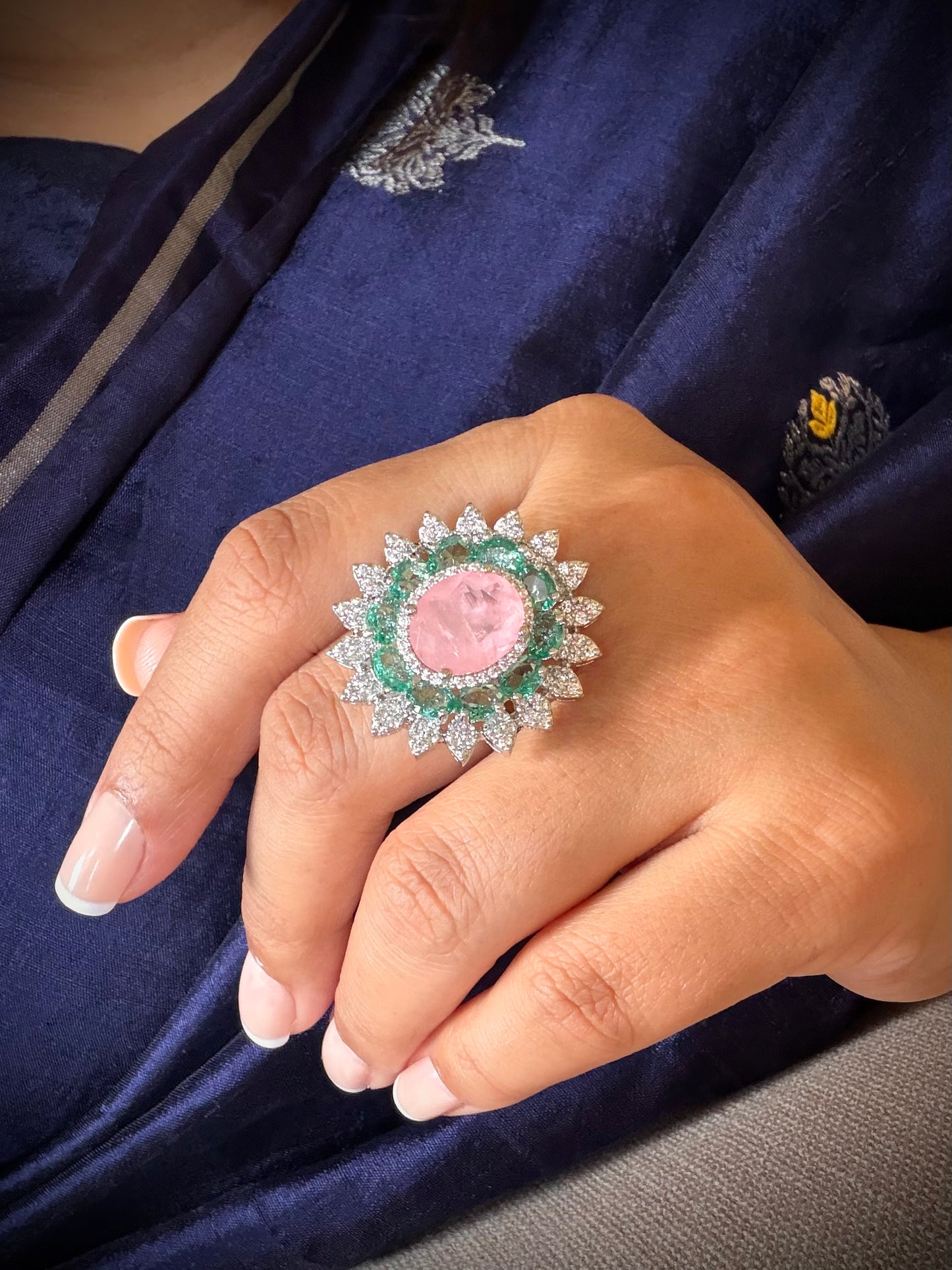 Saleena Multicolour Flower Mint and Baby Pink Ring for women in White Polish