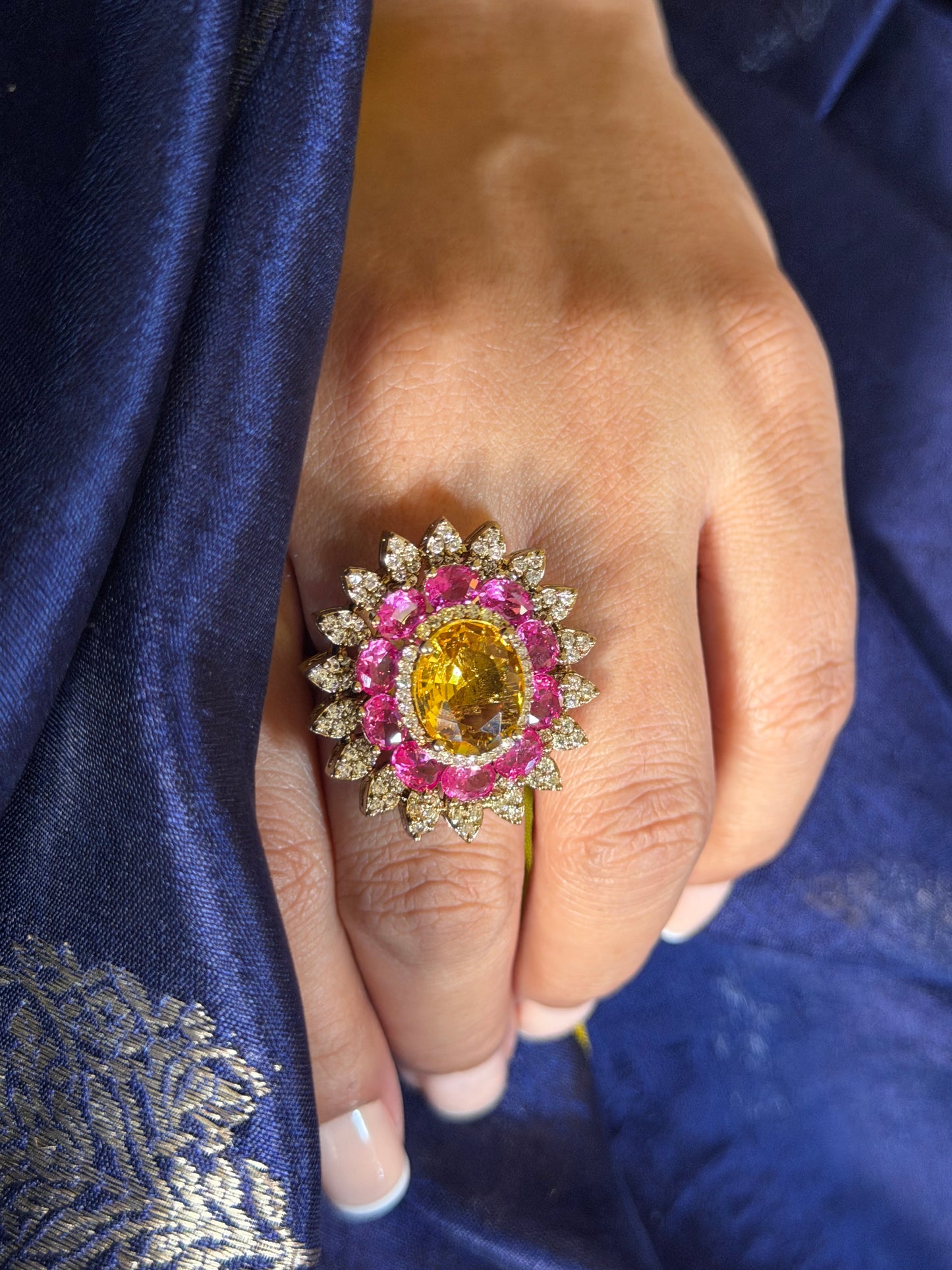 Saleena Multicolour Flower Yellow and Pink Sapphire Ring for women in Dull Gold Polish