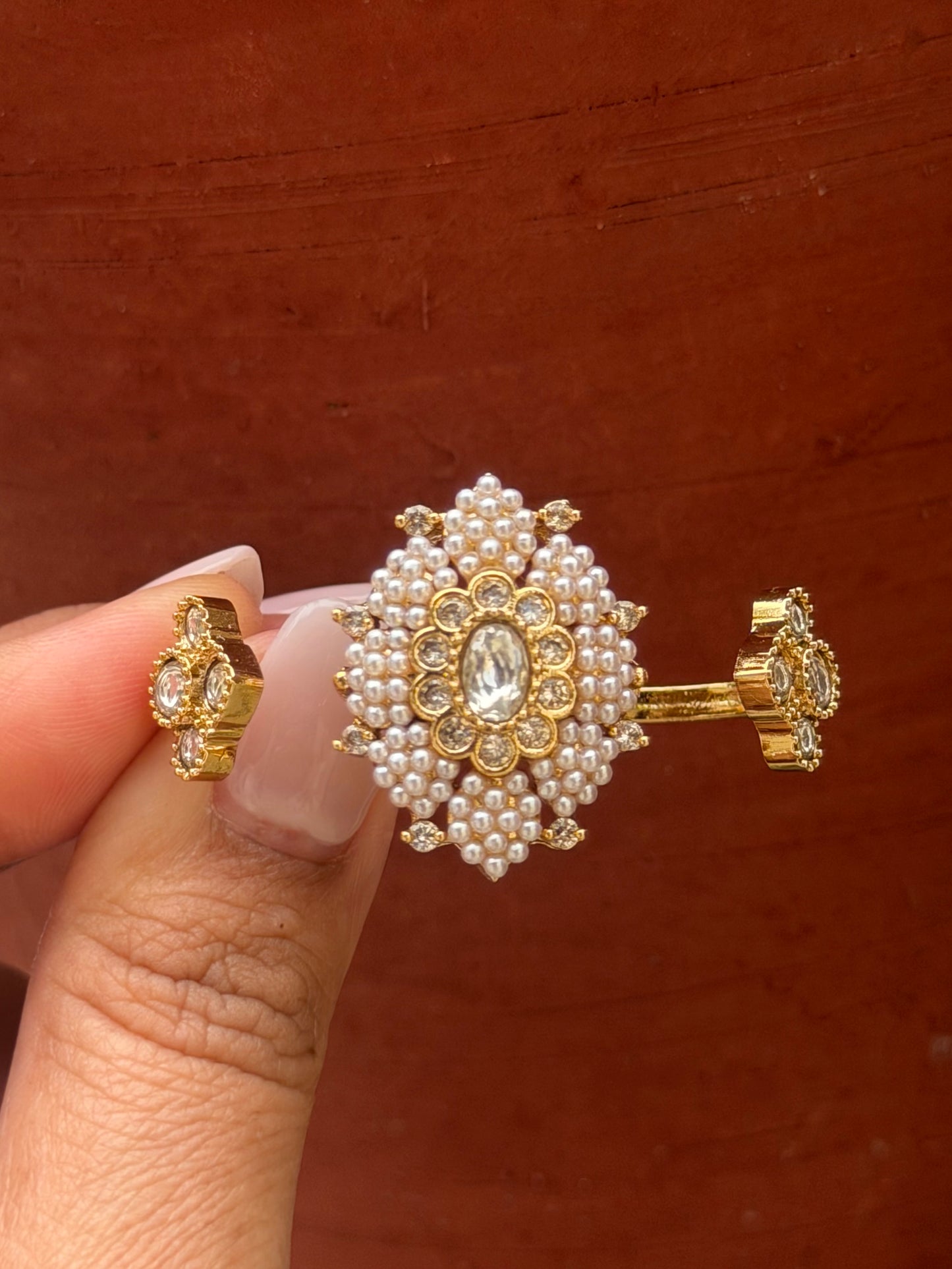 Pearl Double Adjustable Kundan Ring