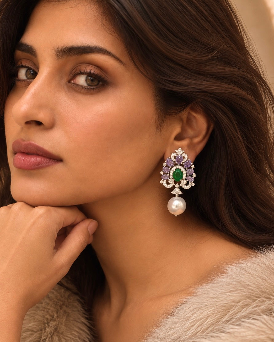 Parnika Amethyst & Emerald Zircon Real Gold Look Earrings
