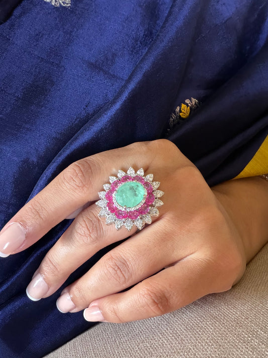 Saleena Multicolour Flower Mint and Pink Sapphire Ring for women in White Polish