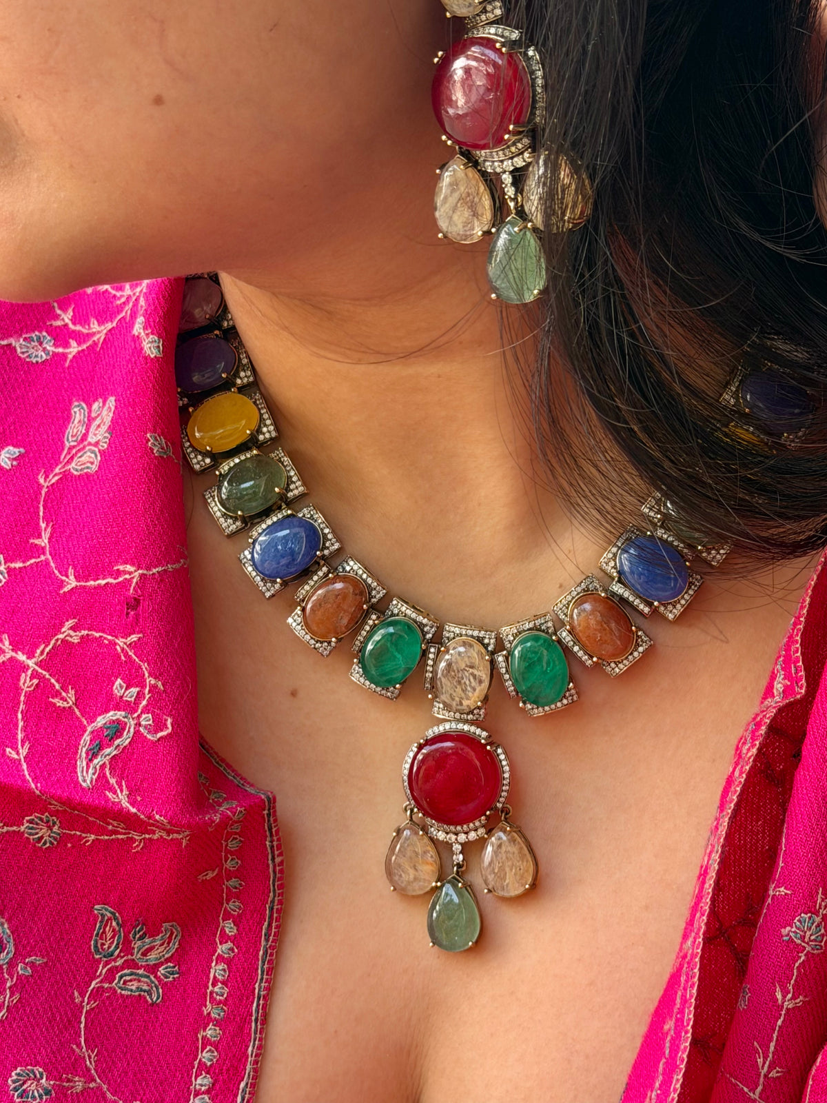 Manya Navratan Doublet Stone Necklace Set
