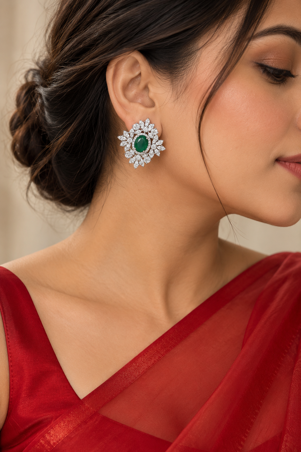 Vrushali Emerald Zircon Stud Real Gold Look Earrings