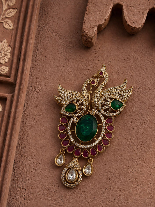 Swan Emerald Ruby Mens Brooch with American Diamond for Wedding and Festive Wear