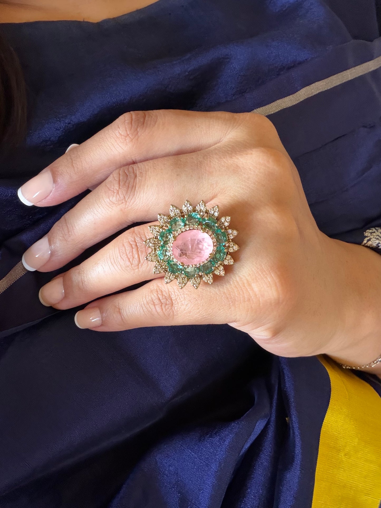 Saleena Multicolour Flower Baby Pink & Mint Ring for women in Dull Gold Polish
