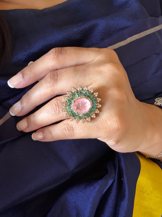 Saleena Multicolour Flower Baby Pink & Mint Ring for women in Dull Gold Polish
