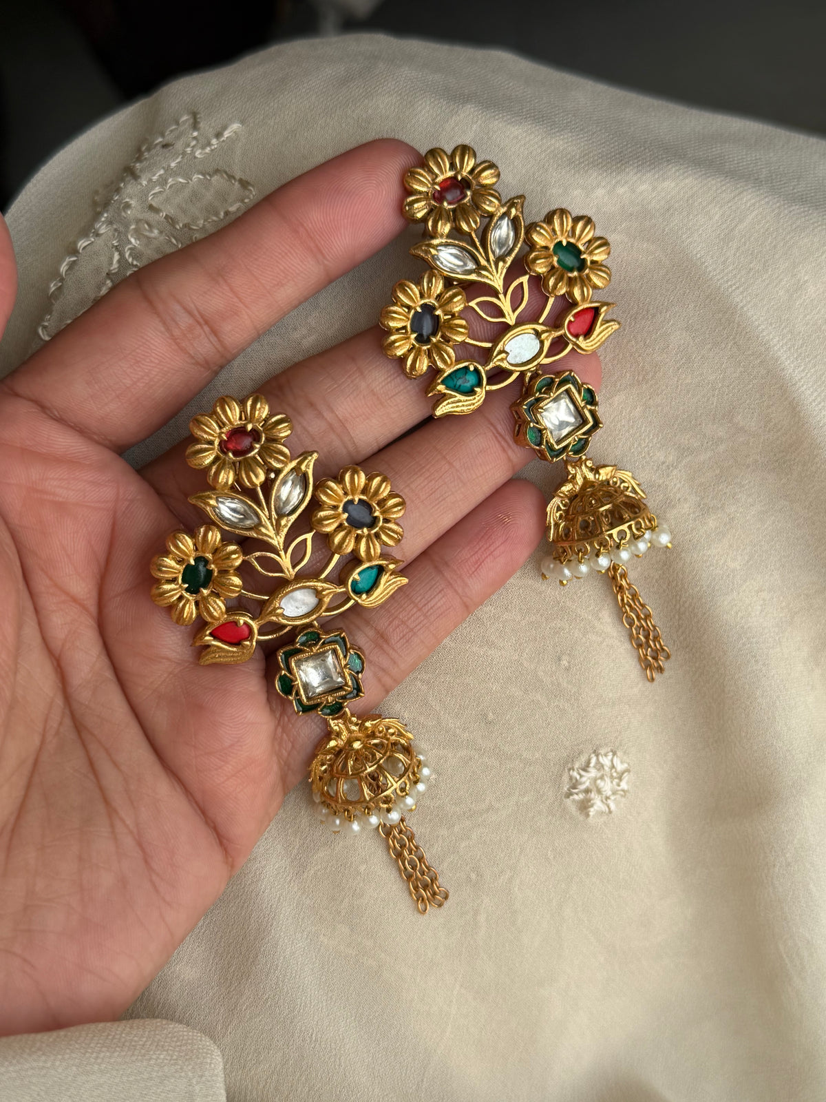 Mitali Gold Plated Floral Multi Kundan Earrings