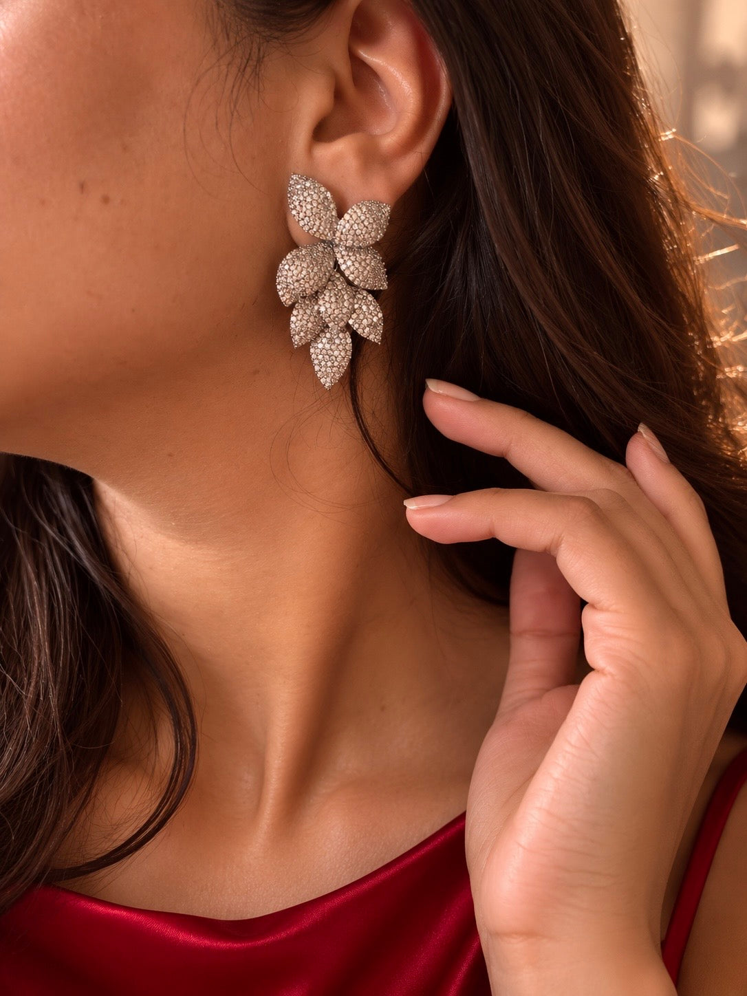 Farah Light Brown- Champagne diamond Leaf Earrings for Party and Cocktail