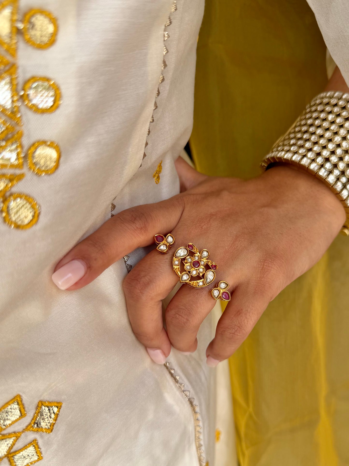 Riya Kundan Polki Double Finger Ring- Adjustable