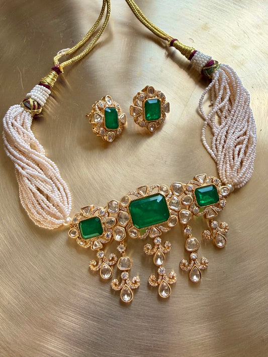 Vira Emerald Polki Choker Necklace Set