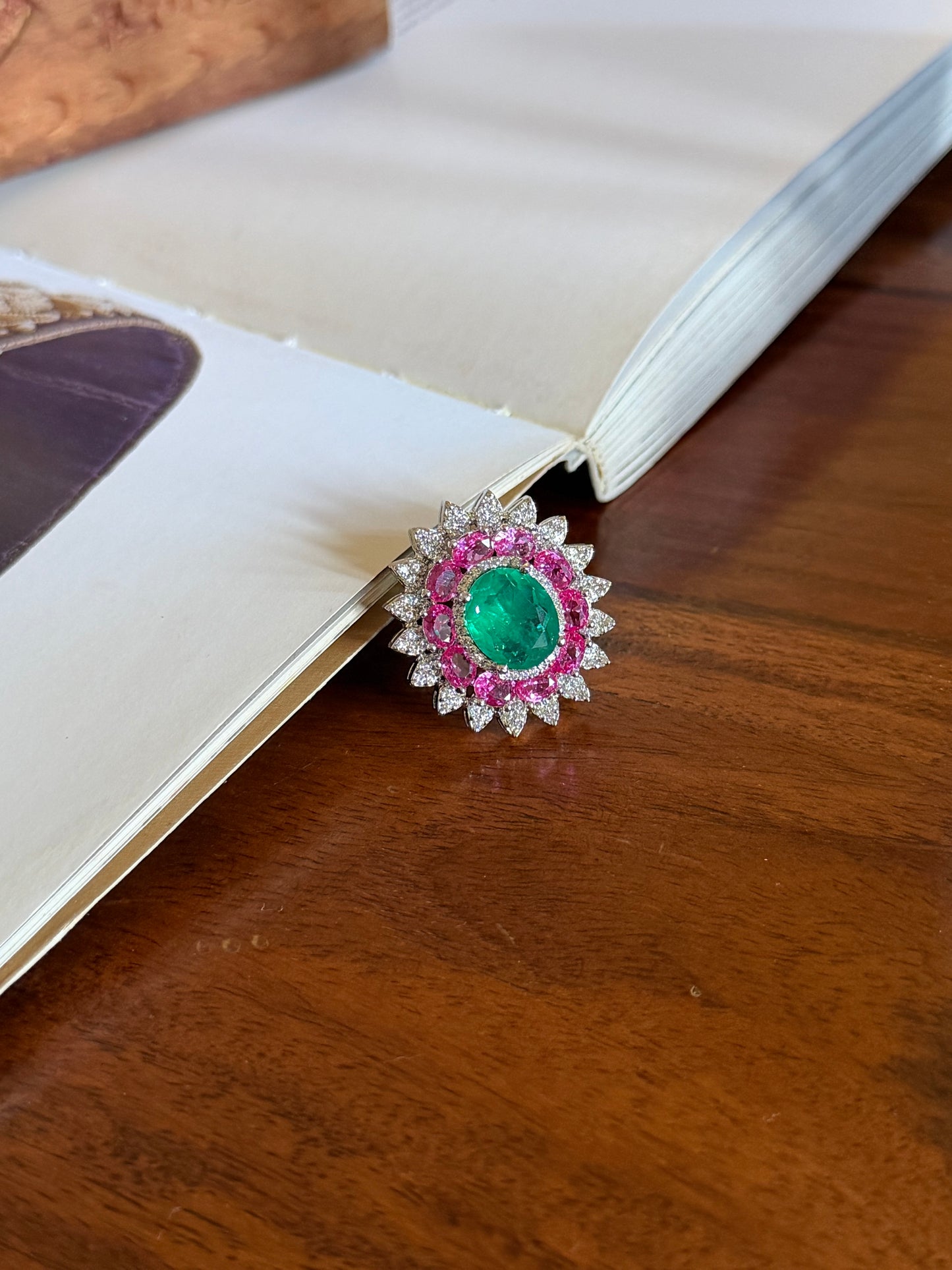 Saleena Multicolour Flower Emerald and Pink Sapphire Ring for women in White Polish