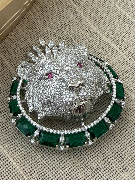 Emerald Lion Emblem Brooch with Magnetic closure