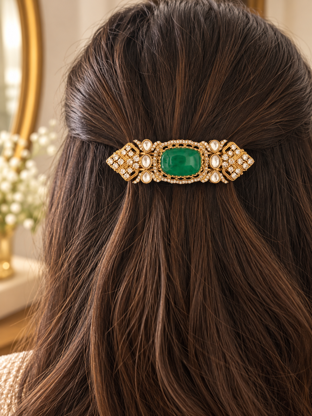 Milaap Emerald Green Kundan Polki Hairclip