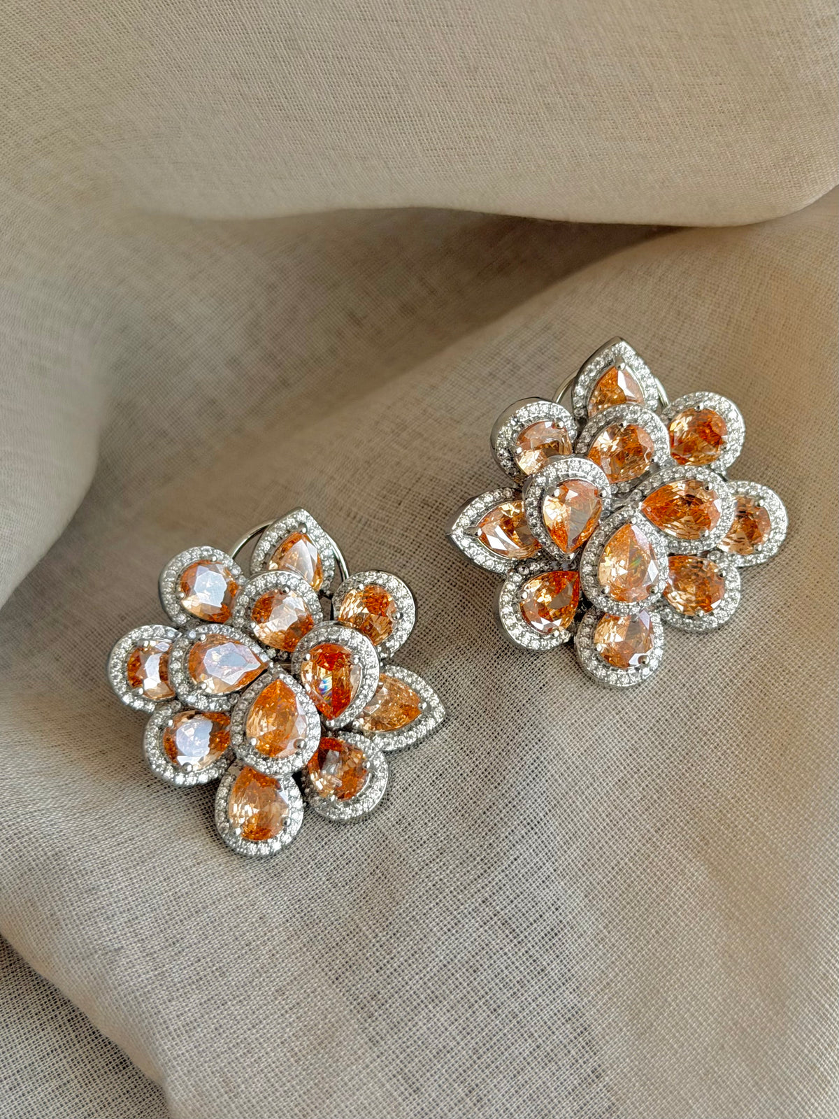 Sanya Floral Champagne Stone and Zircon Imitation Stud Earrings with back Clip