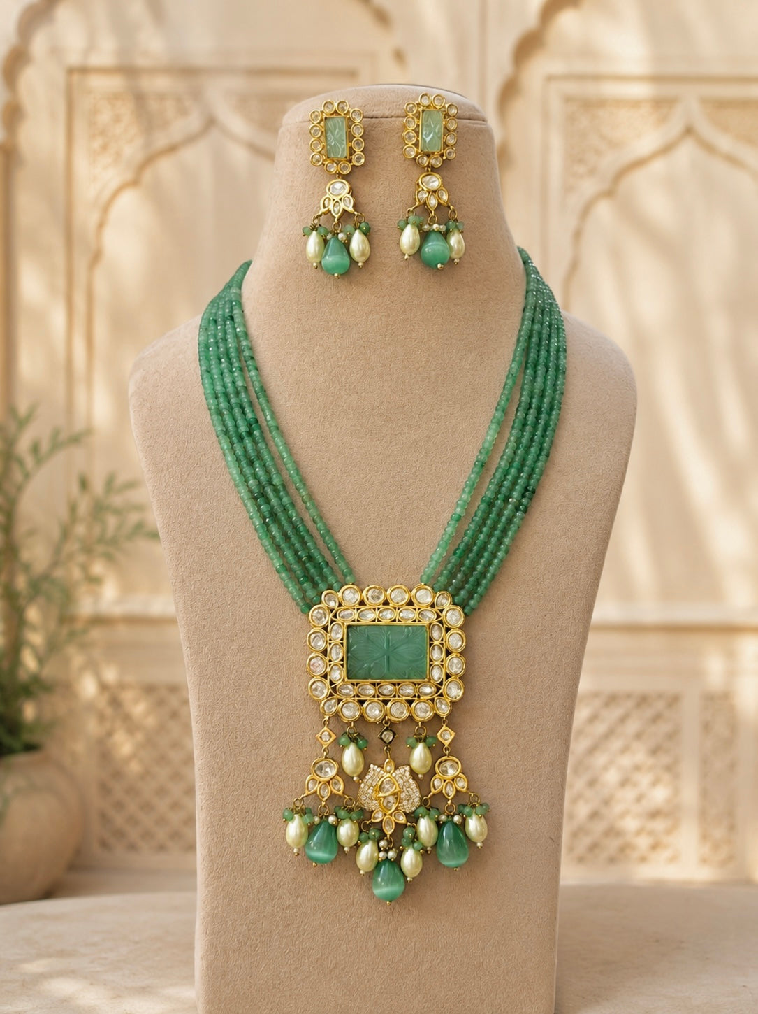 Sarla Long Green Bead Kundan Necklace Set