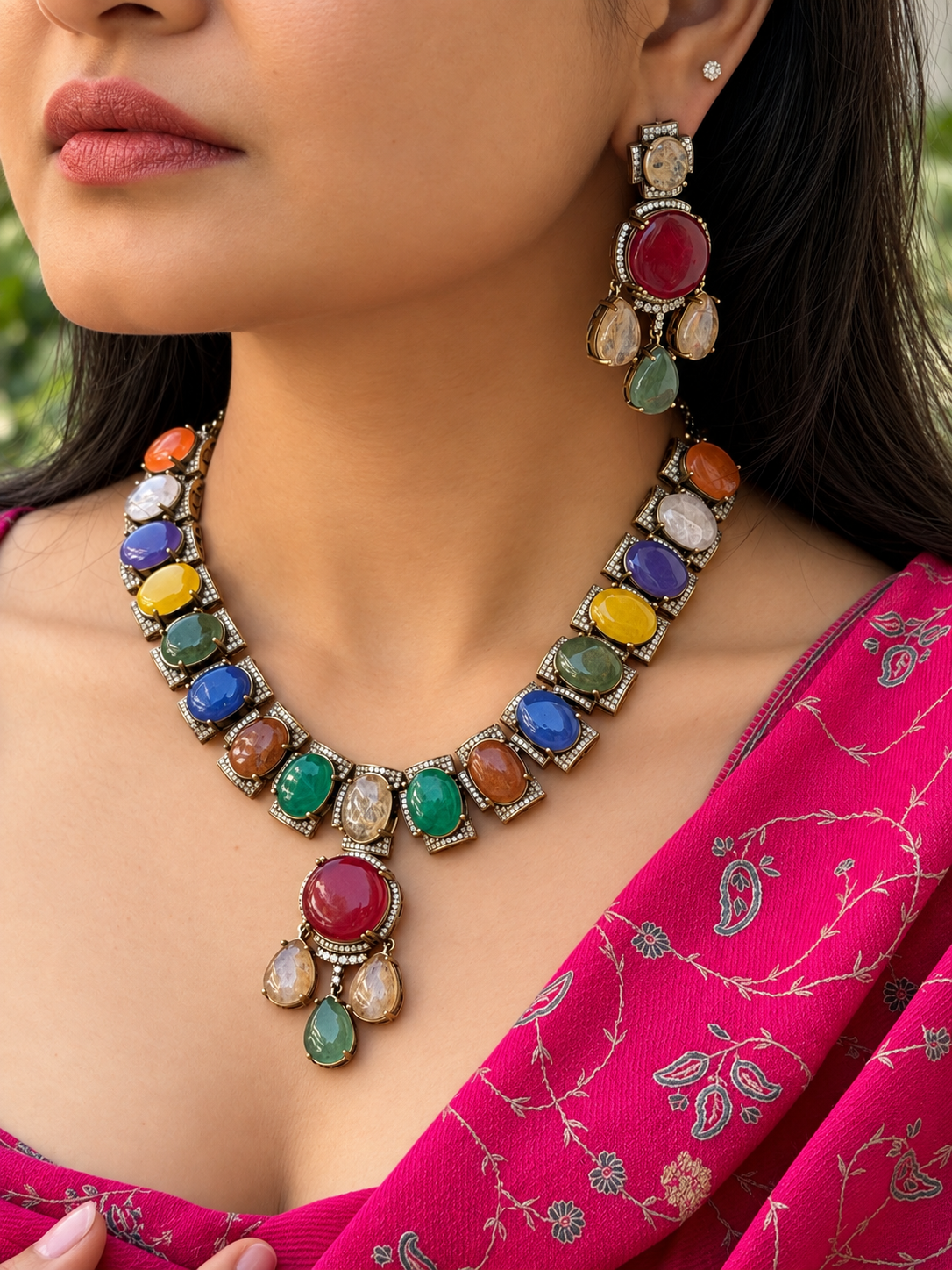 Manya Navratan Doublet Stone Necklace Set