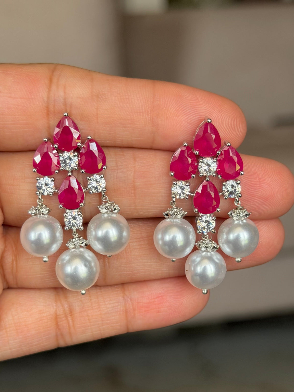 Nidhi Ruby Diamond & Pearl Drop Real Gold Look Earrings