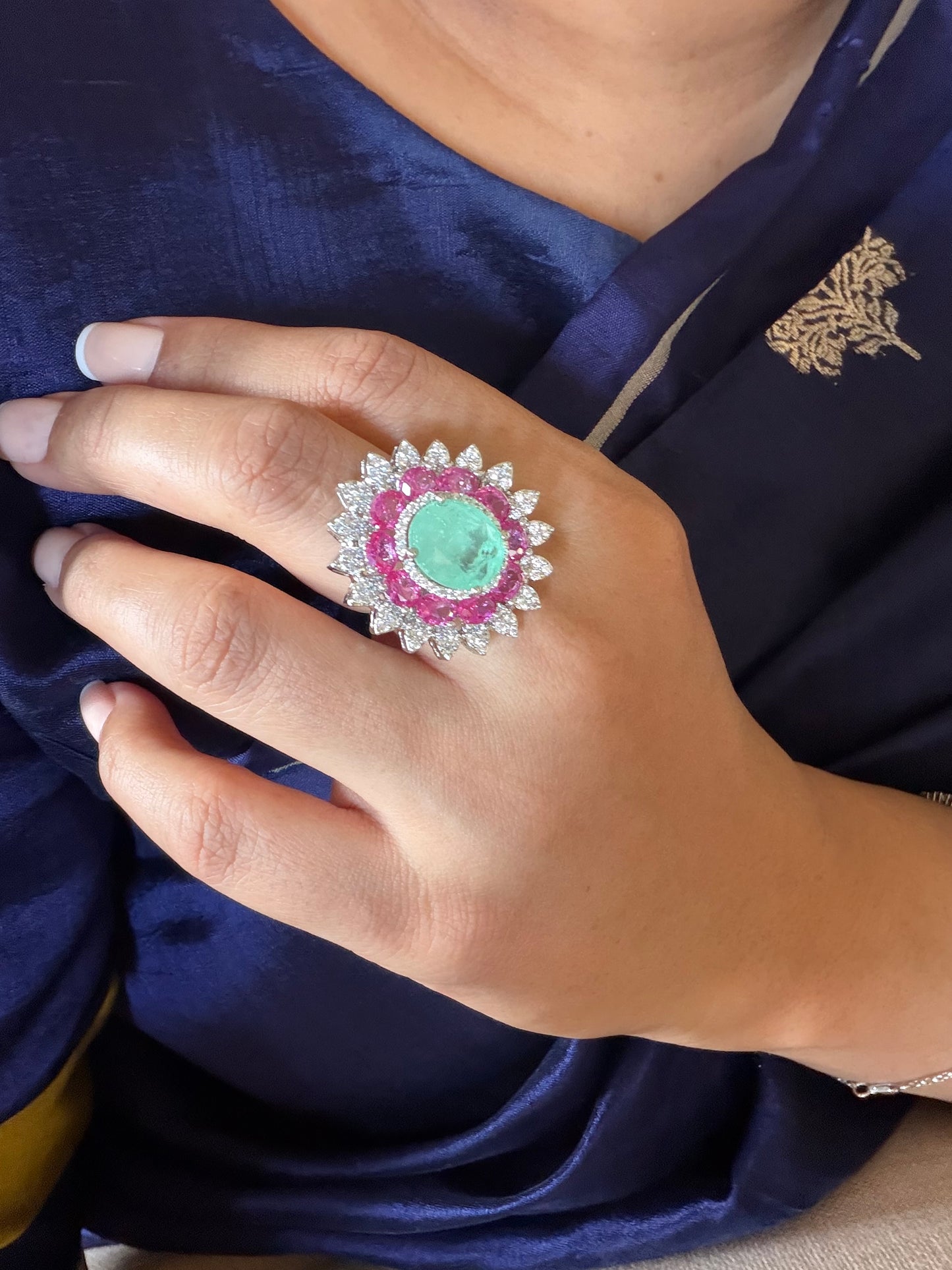 Saleena Multicolour Flower Mint and Pink Sapphire Ring for women in White Polish