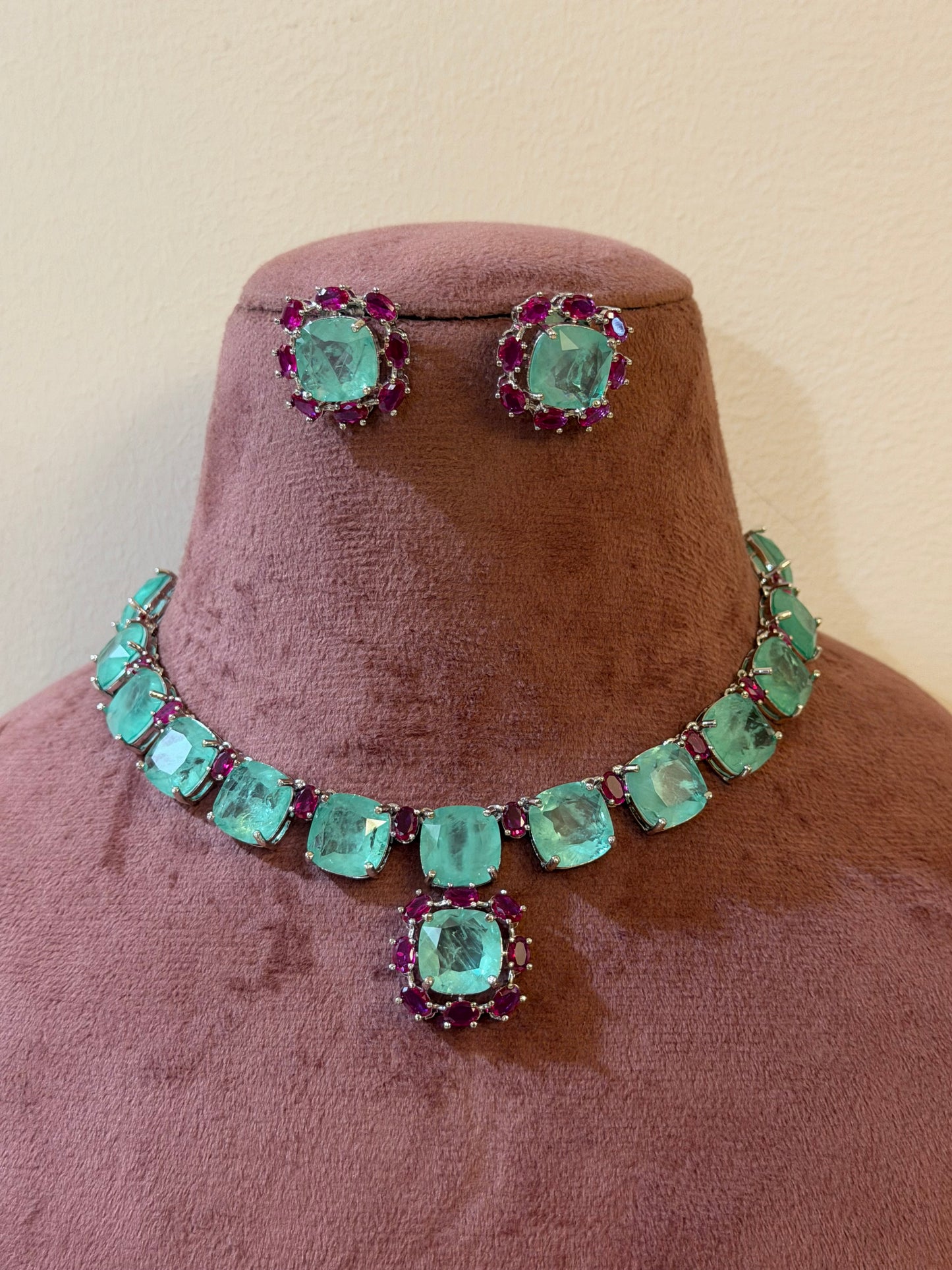 Rehmat Russian Emerald Colour Necklace Set with Zircon and Ruby