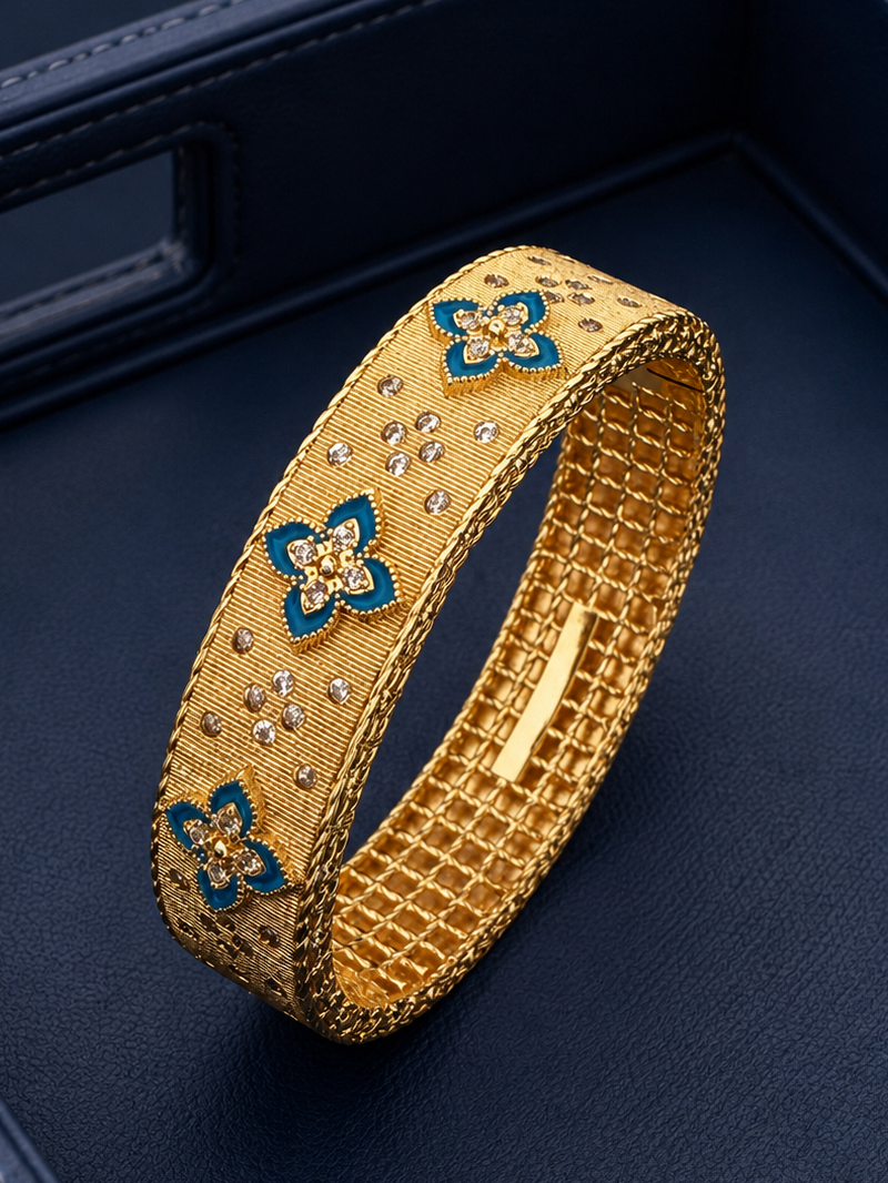 Clover Textured Gold Bangle- Blue