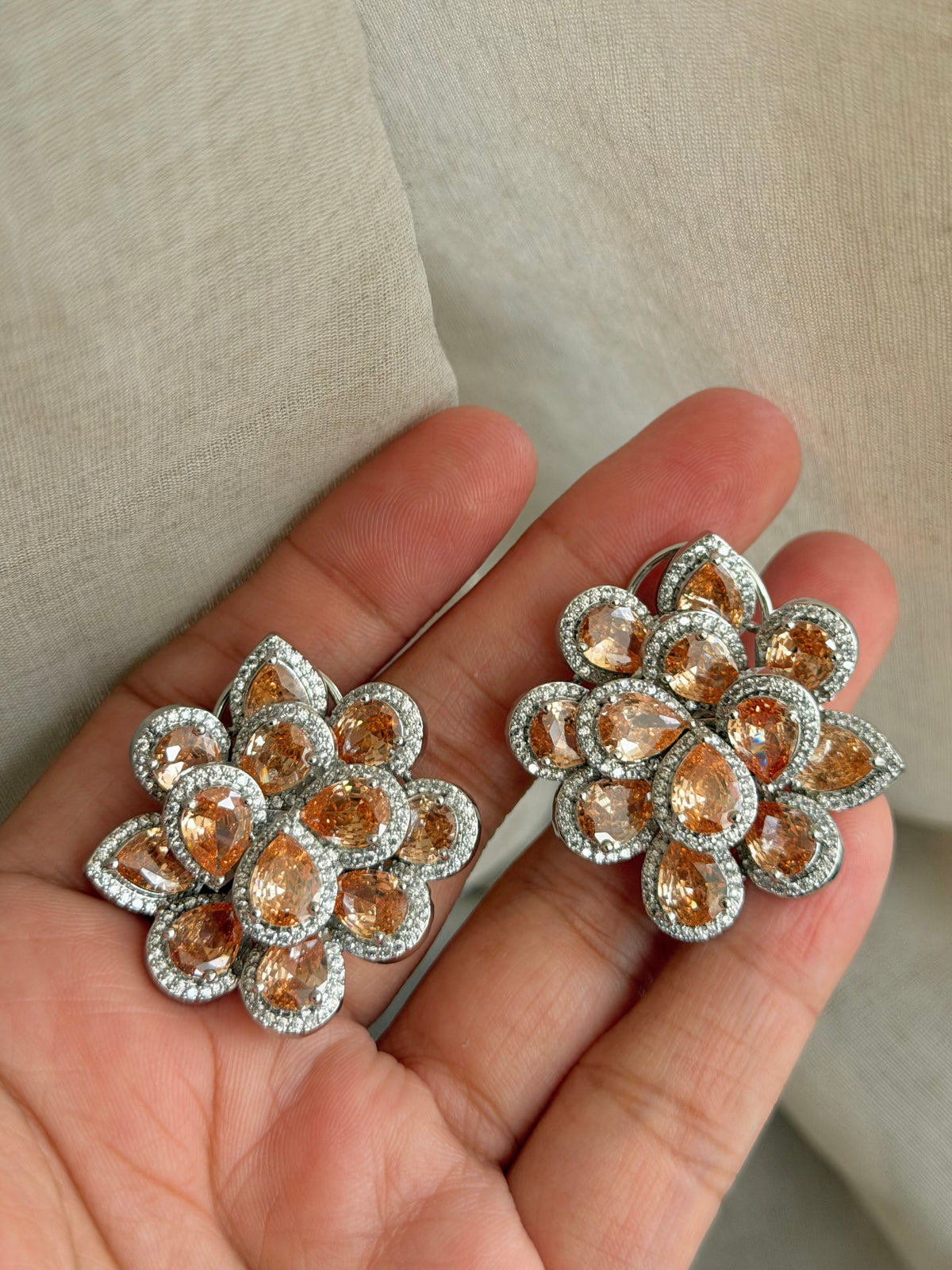 Sanya Floral Champagne Stone and Zircon Imitation Stud Earrings with back Clip