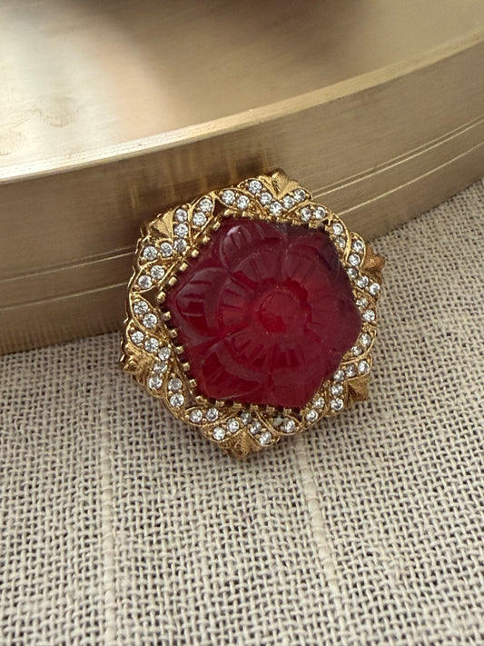 Naivedya Carved Ruby Brooch
