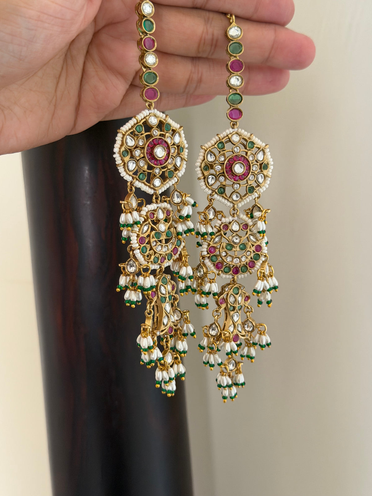 Laal Hari Magar Jodi Kundan Jadau Real Gold Look Earrings