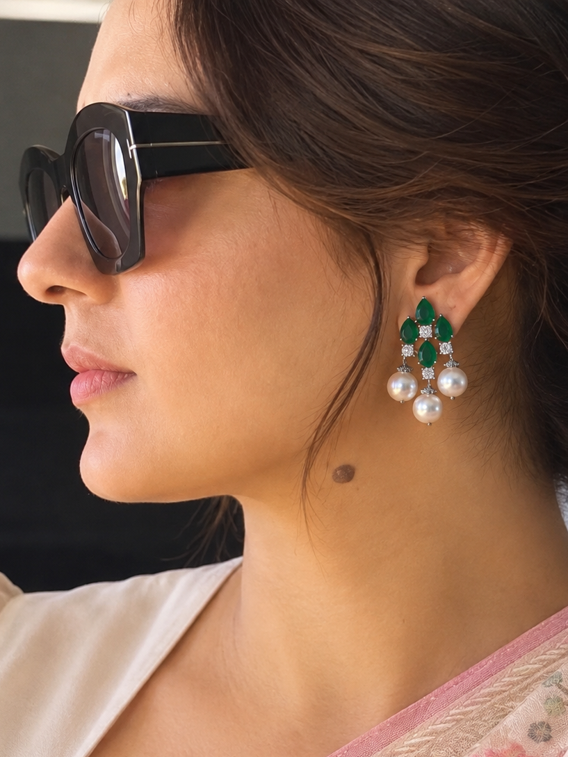 Nidhi Emerald Diamond & Pearl Drop Real Gold Look Earrings