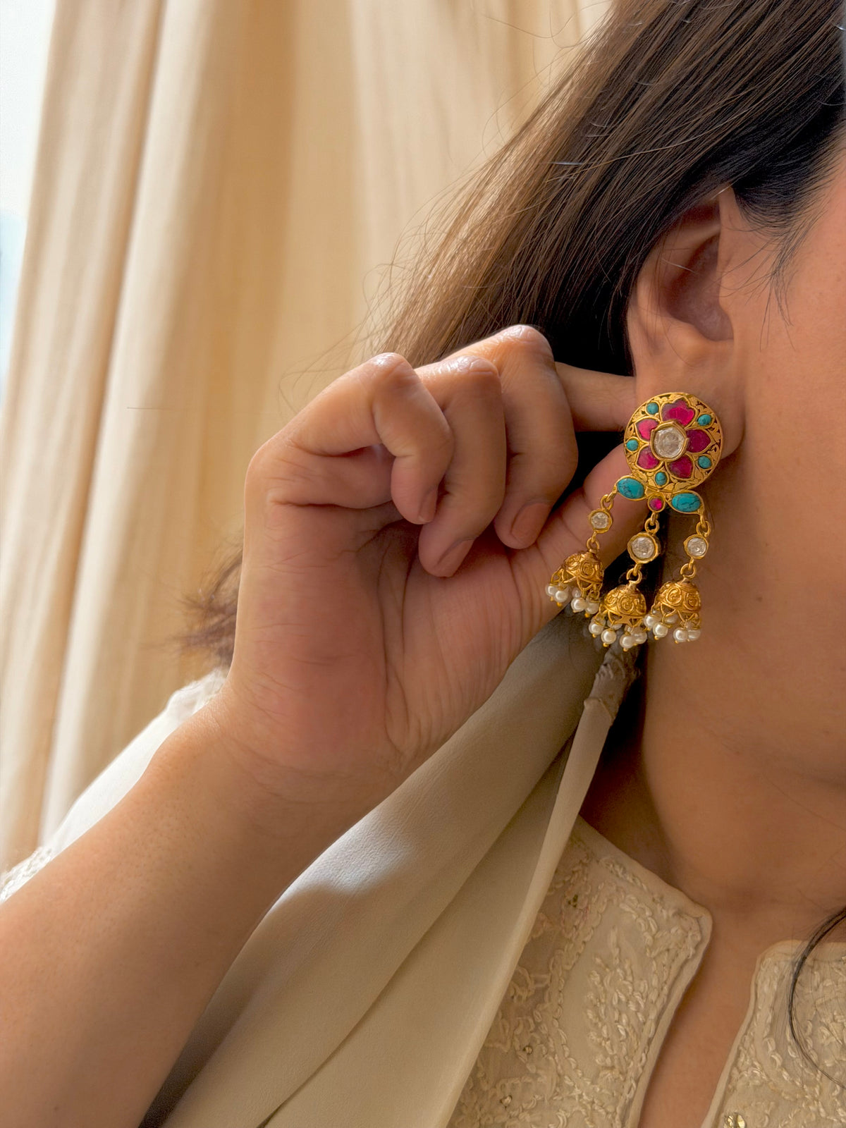 Huma Gold Plated Turquoise Polki Kundan Earrings