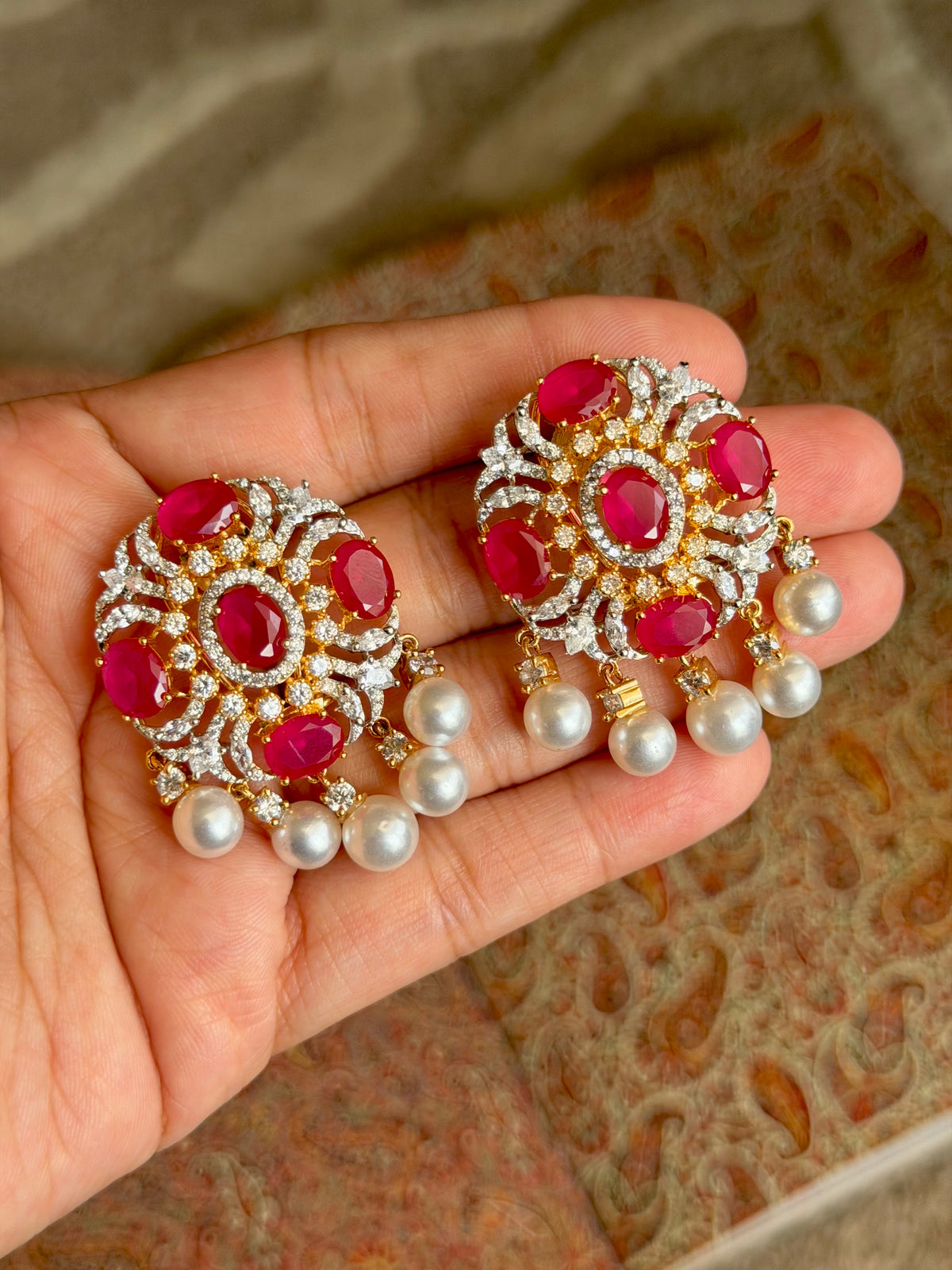 Vanya Faux Ruby Diamond Two Tone Stud Earrings with Back Clips