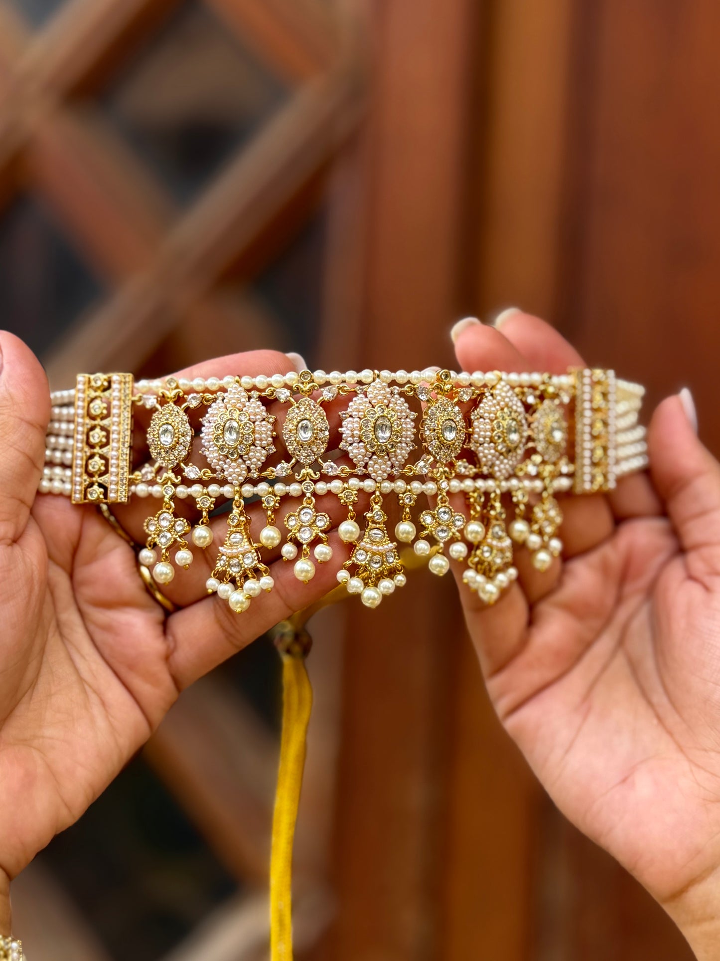 Amreen Polki Kundan & Pearl Real Gold Look Choker Necklace Set