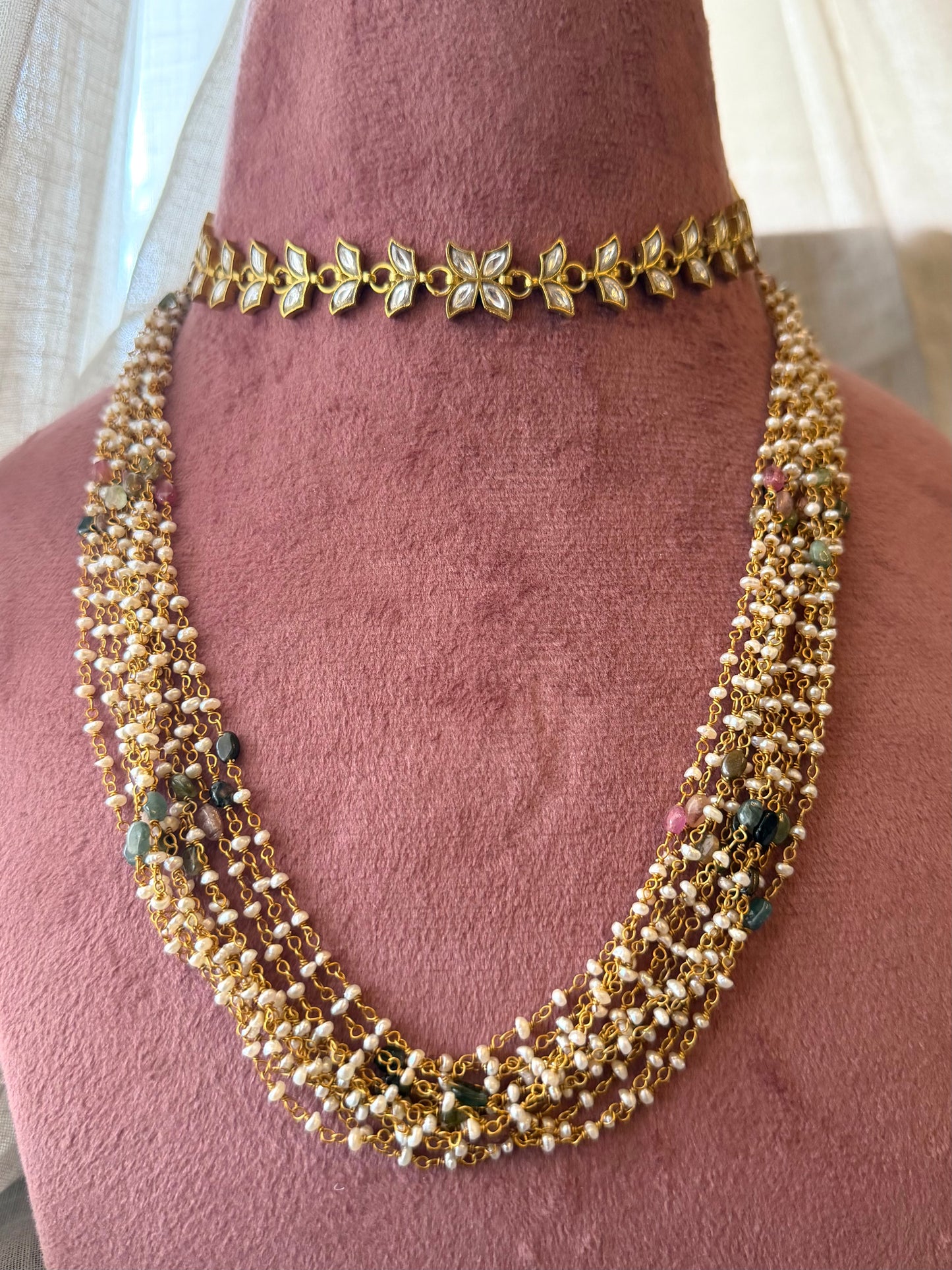Afreen Real Pearl Mala with Real Tourmalines - Only Mala, all stones are real, slight colour difference might persist.
