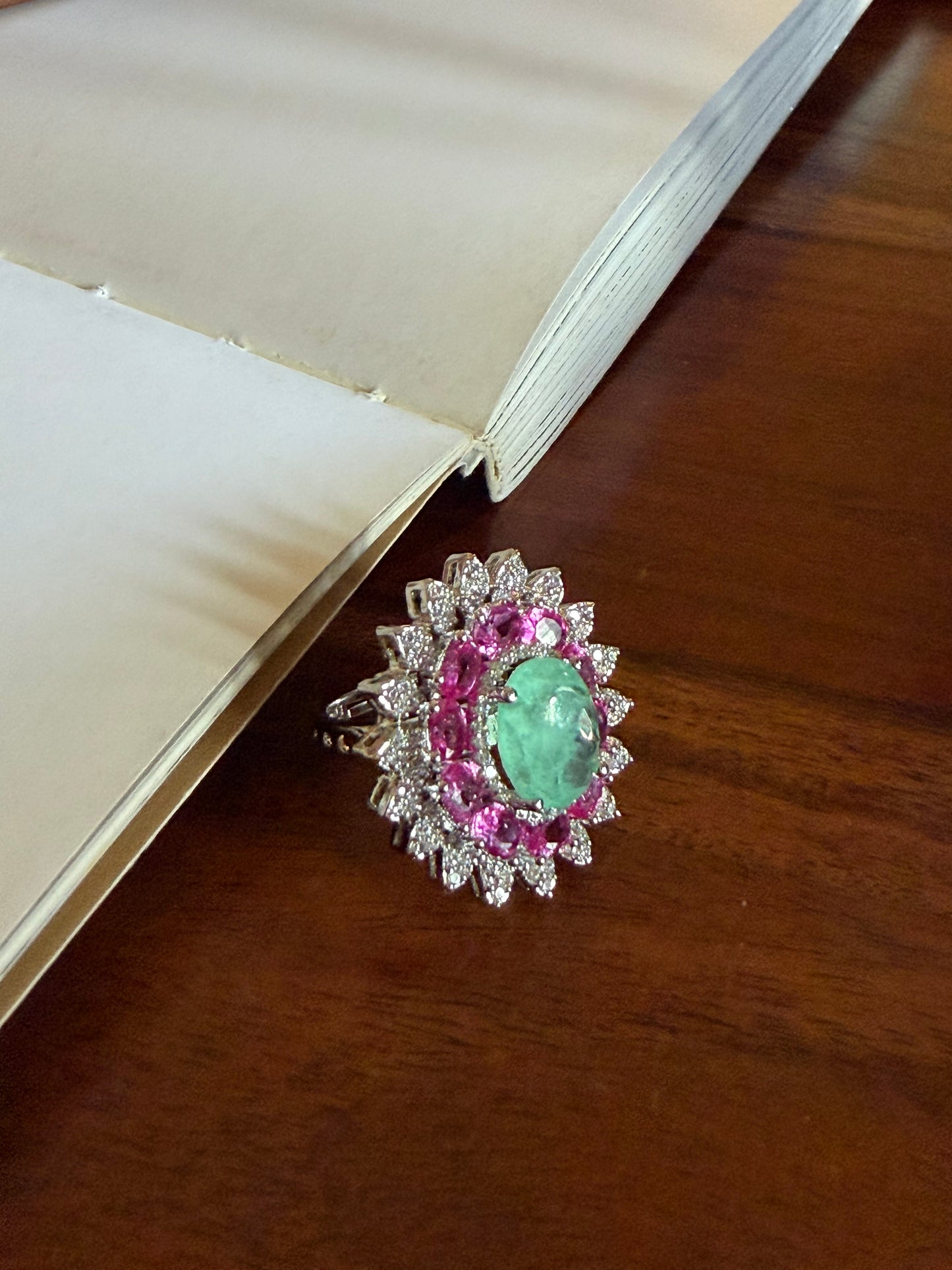 Saleena Multicolour Flower Mint and Pink Sapphire Ring for women in White Polish