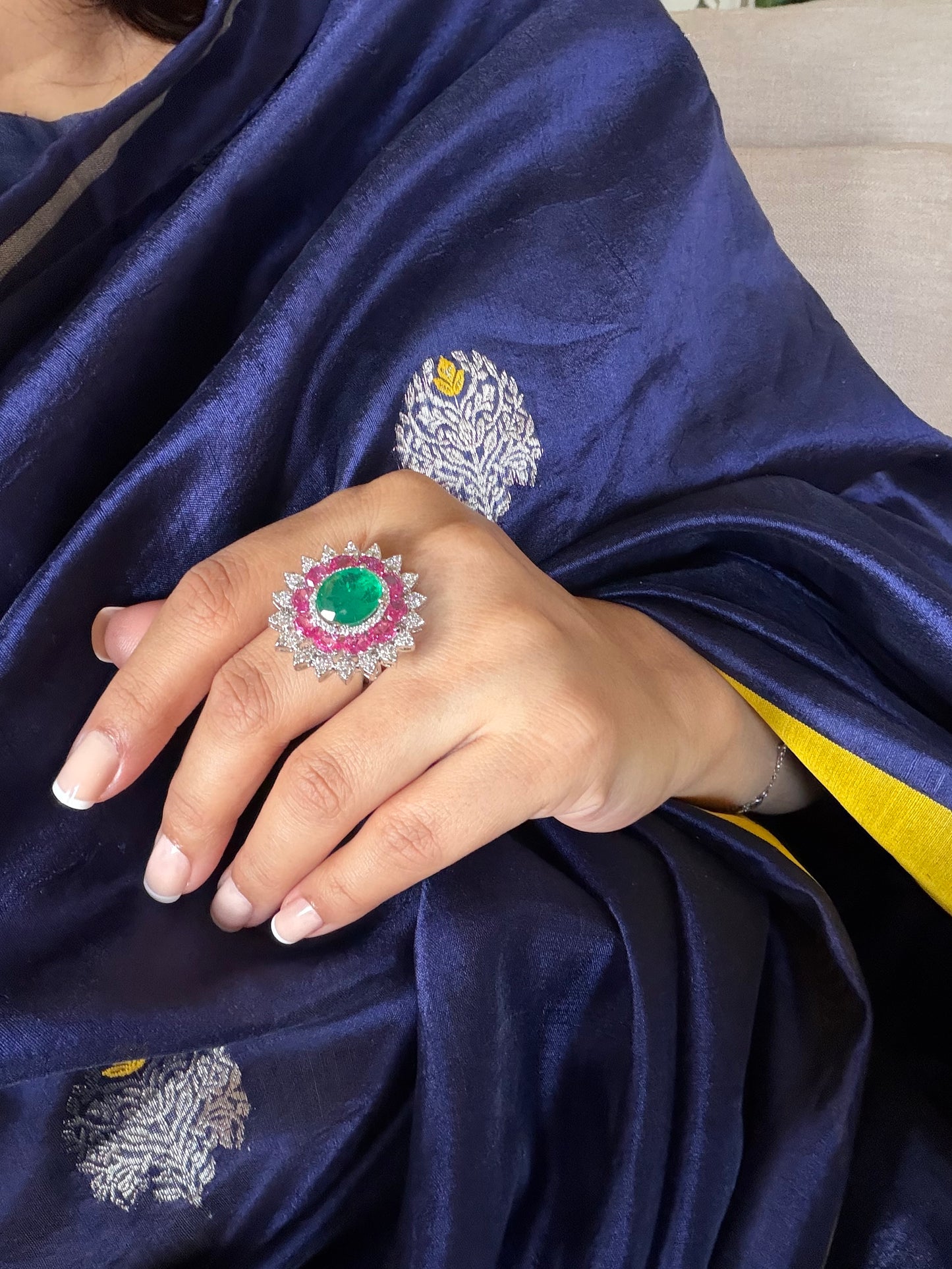 Saleena Multicolour Flower Emerald and Pink Sapphire Ring for women in White Polish