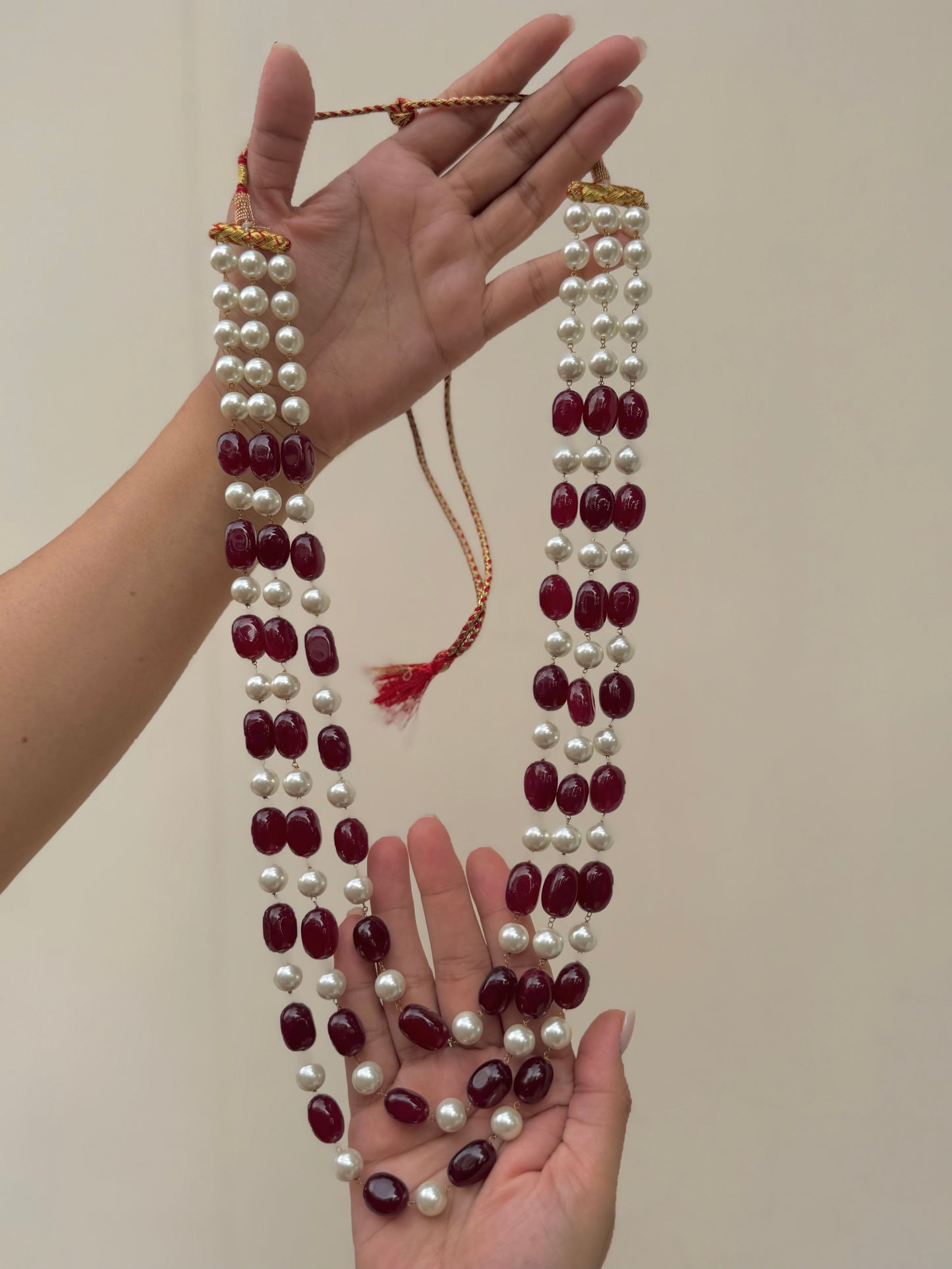 Swastik Red Onyx and Pearl Mala Necklace