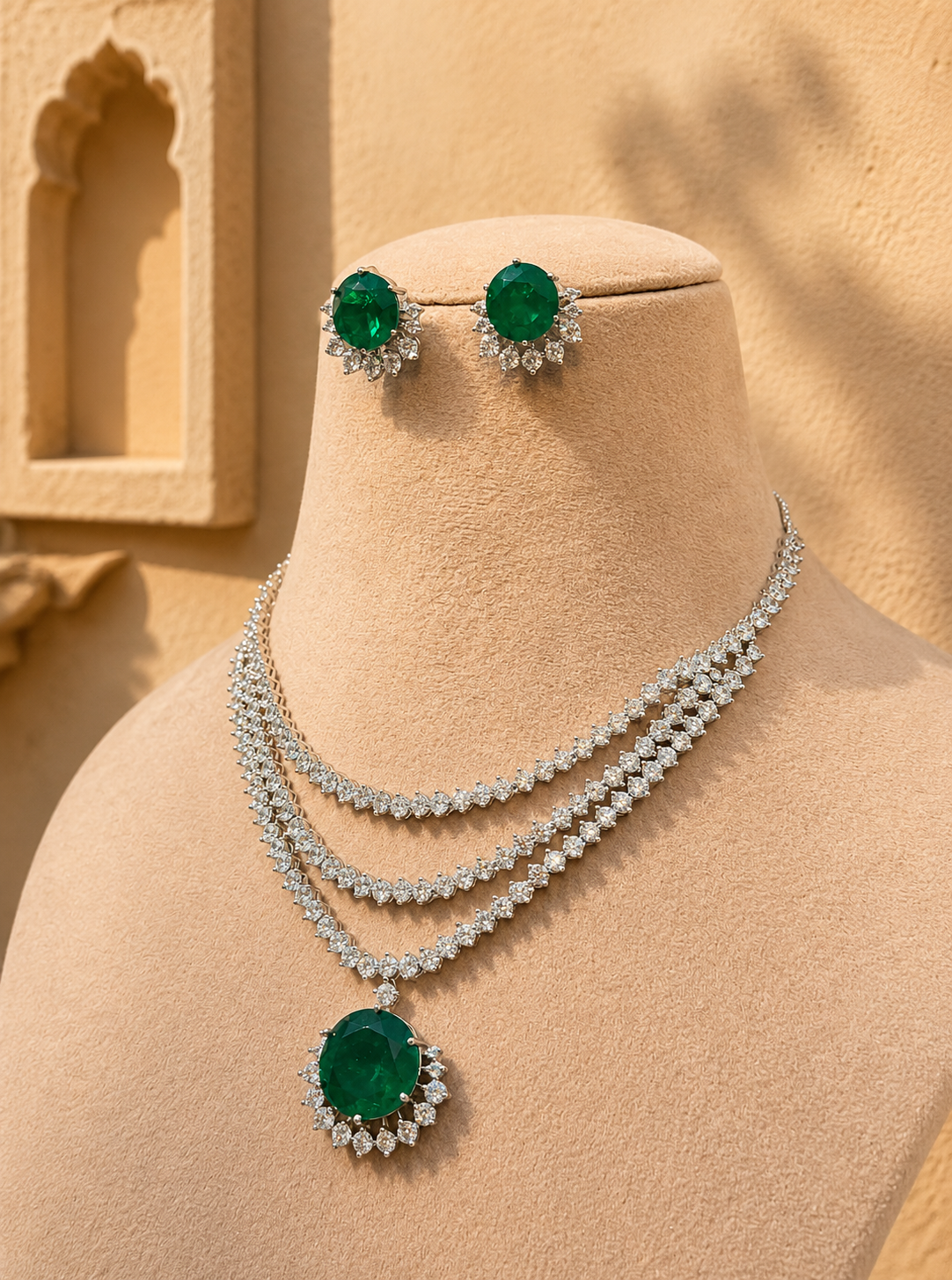 Sarina American Diamond Layered Necklace with Emerald Set for Women for Festive and Wedding Wear
